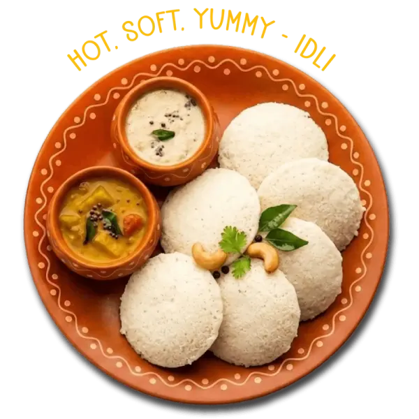 Soft idli with sambar and chutneys